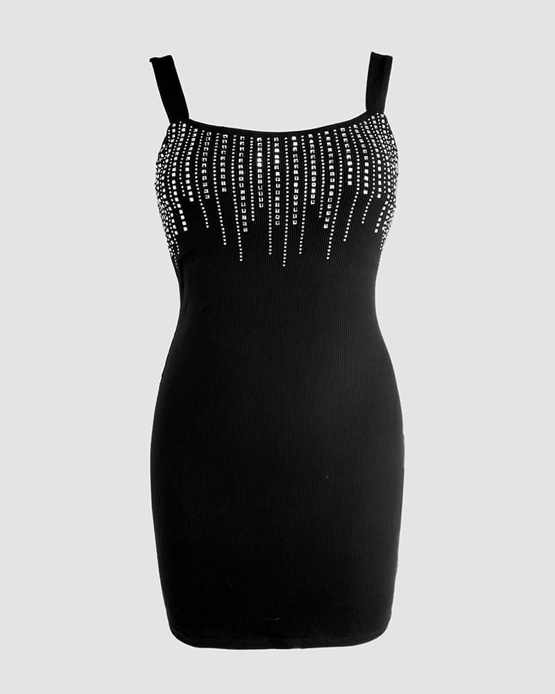 Women's Summer Mini Dress U-Neck Rhinestone Decor Knit Ribbed Bodycon Slim Fit Dresses - Image 4