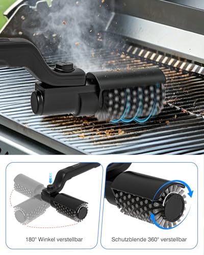 Elektrische Grillbürste, 180° Verstellbarer Winkel Wiederaufladbarer Grillreiniger, 90 Min Laufzeit, 3-Stufen Reinigung, Austauschbare Edelstahl-Bürstenkopf für Grillrost, IPX7 Wasserdicht, USB-C