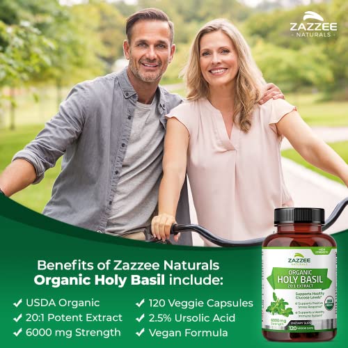 Zazzee Extra Strength Usda Organic Holy Basil, 20:1 Tulsi Extract, 6000 Mg Strength, 120 Vegan Capsules, 2.5% Ursolic Acid, Tulsi Extract, 4 Month Supply, Non-Gmo And All-Natural #TOP3