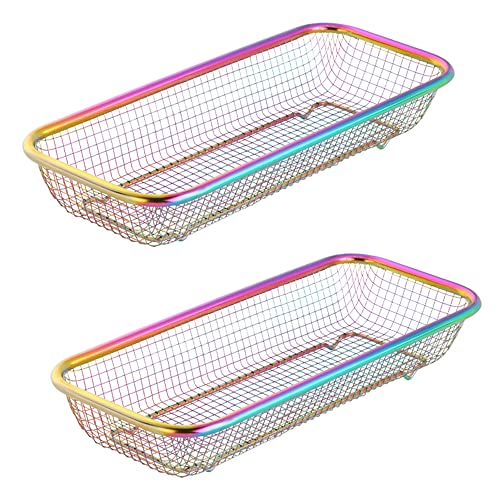 BYEGOU Silverware Drawer Organizer, Rainbow Mesh Kitchen Drawer Organizers, Iridescent Stackable Storage Basket Metal Utensil Holder for Flatware, 12.5"x5"x2.5", Pack of 2