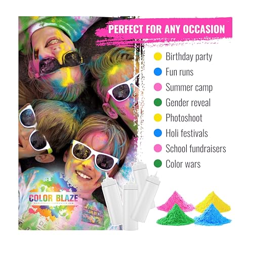 Color Blaze Color Powder Fun Pack - 20 Bags Total (5 Each of Pink, Yellow, Green & Blue) + 4 Squeeze Bottles - Perfect for Snowman Decorating, Color Fight, Photoshoots, Color War, Holi Festival!