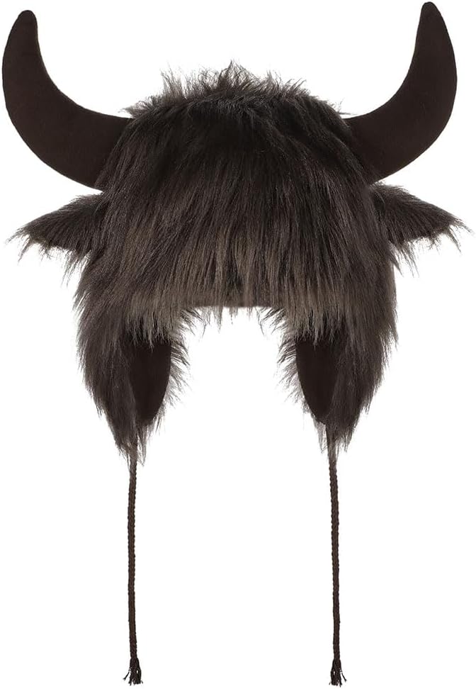XGOPTS Winter Faux Fur Trapper Hat Warm Animal Plush Horn Earflaps Hat Novelty Fuzzy Costume Party Bull Hats Furry Snow Cap