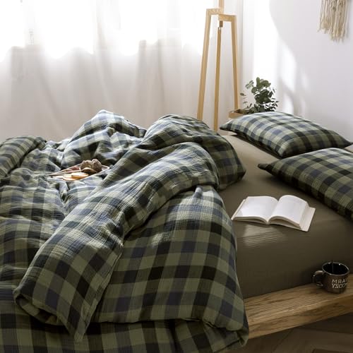 Image of VM VOUGEMARKET Green Navy Plaid Duvet Cover King Muslin Cotton Bedding Set Soft Breathable Linen Like 3-Layer Gauze Comforter Cover with Zipper Closure for Adults-3 Pieces,104 inchx90 inch