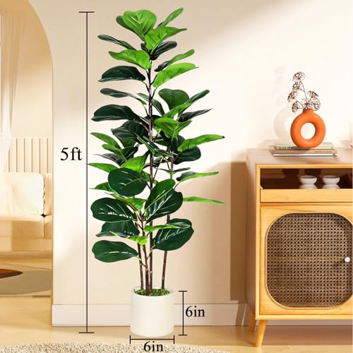 Artificial Fiddle Leaf Fig Tree with White Planter, 5FT Fake Plant with 4 Natural Wood Trunks and Faux Moss, Tall Faux Ficus Floor Plant for Home Office Living Room Decor by CENHIYY - Used condition - Image 2