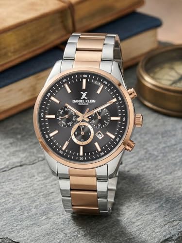 Image of Daniel Klein Men Analog Multifunction Watch | Rose Gold Silver Case | Grey Dial with Day Date 24-Hour Format | Two Tone Metal Strap | 44 mm | Water Resistant 3 ATM | DK.20.13348-9