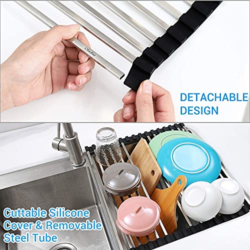 Sink Drying Rack Black Roll Up, Ohuhu 17.6" L X 15" W Over The Sink Dish Drying Rack Unique Square Tubes Stainless Steel Rolling Dish Drainers Heat-Resistant For Kitchen Counter Organizer Space Saving #TOP4