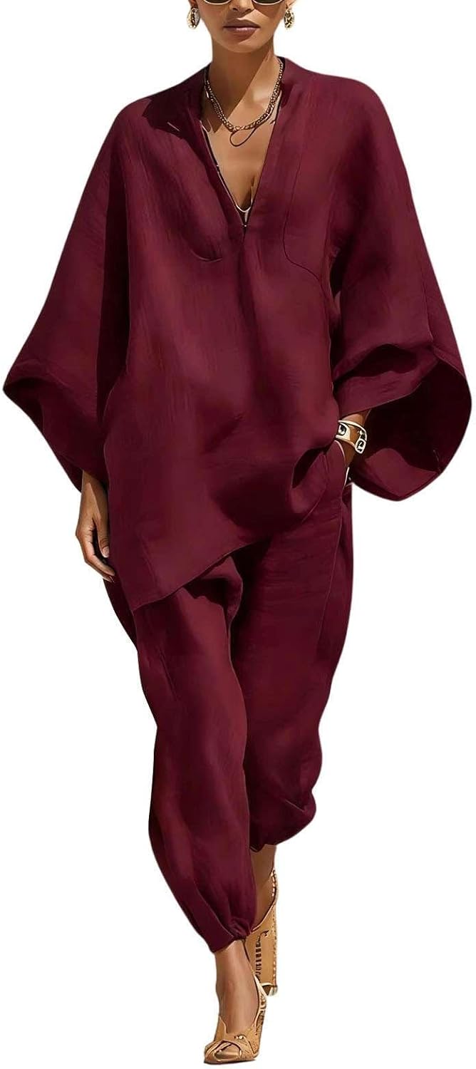 2026 New Women's Batwing Sleeve Linen Cotton Two Piece Set V Neck Loose Shirt Harem Pants Summer Vacation Outfit