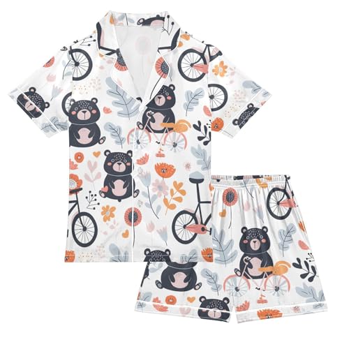 ALAZA Bear Cartoon Flower Floral Pajamas Satin Pajama Set Short Sleeve Button Down Sleepwear