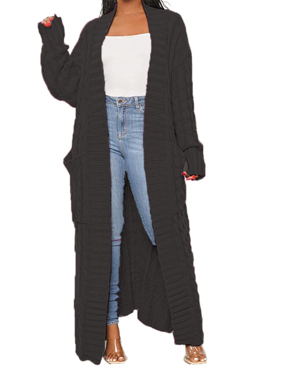 LIVECLOTH Womens Stylish Cable Knit Dual Chunky Cardigan with Pockets