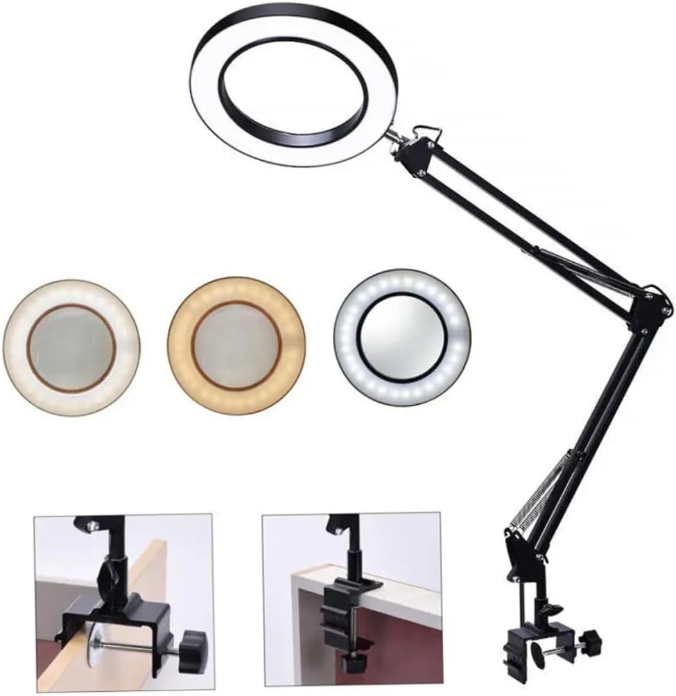 jojofuny Led Magnifier Desk Lamp with Retractable Arm Color Temperatures Brightness Levels for Reading Crafts Welding Beauty Work