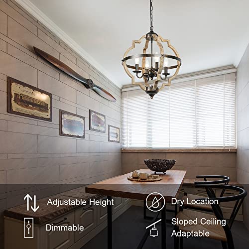 Finexpect 4-Light Orb Farmhouse Chandelier 17.5" Stardust Finish Vintage Wood Chandelier Rustic Brown Chandeliers For Kitchen Island Living Room Dining Room Bedroom Foyer #TOP1