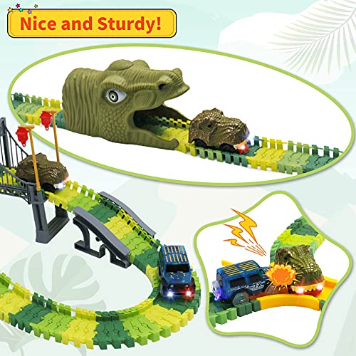 Image of IQKidz Dinosaur World Race Track Toys - 216pcs Flexible Track Playset with 1 Dinosaur Car, 1 Race Car, 6 Dino Toys, for Kids 3 4 5 6 Year & Up Old (Boys and Girls)