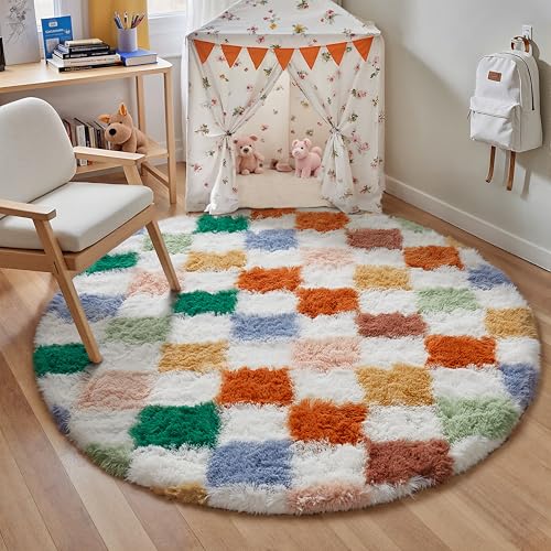 HUGEAR Kariert Flauschig Teppich Rund 150 Teppiche Multicolore Weiß Shaggy rutschfest Kinderzimmer Mädchen Junge Carpet Bettvorleger Schlafzimmer Hochflor Weich Runder Carpets Multicolore 15