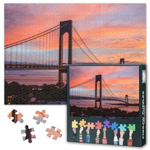 1000 Piece Jigsaw Puzzle for Adults Verrazano Narrows Bridge Sunset View Brooklyn & Staten Island NYC Colorful Sky Landscape Puzzle Wall Art Decor 27.5x19.7 Inch