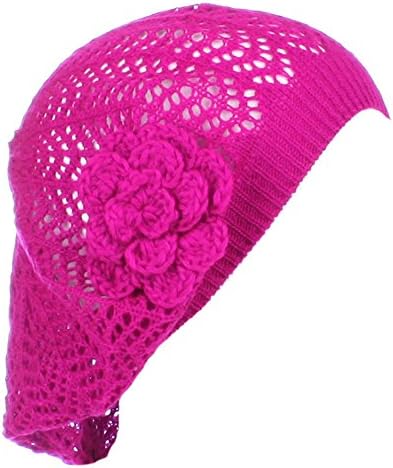 AN- Womens Fashion Lightweight Cutout Crochet Knit Beret Beanie Hat w/Flower, Various Patterns (Fuchsia Pink Net)