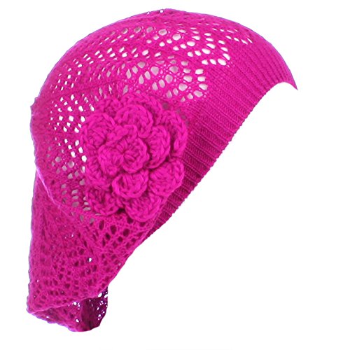 An- Womens Fashion Lightweight Cutout Crochet Knit Beret Beanie Hat W/Flower, Various Patterns (Fuchsia Pink Net) #TOP24