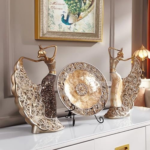 Set de 3 Estatuas Danza Pavo Real Vintage en Resina Dorada