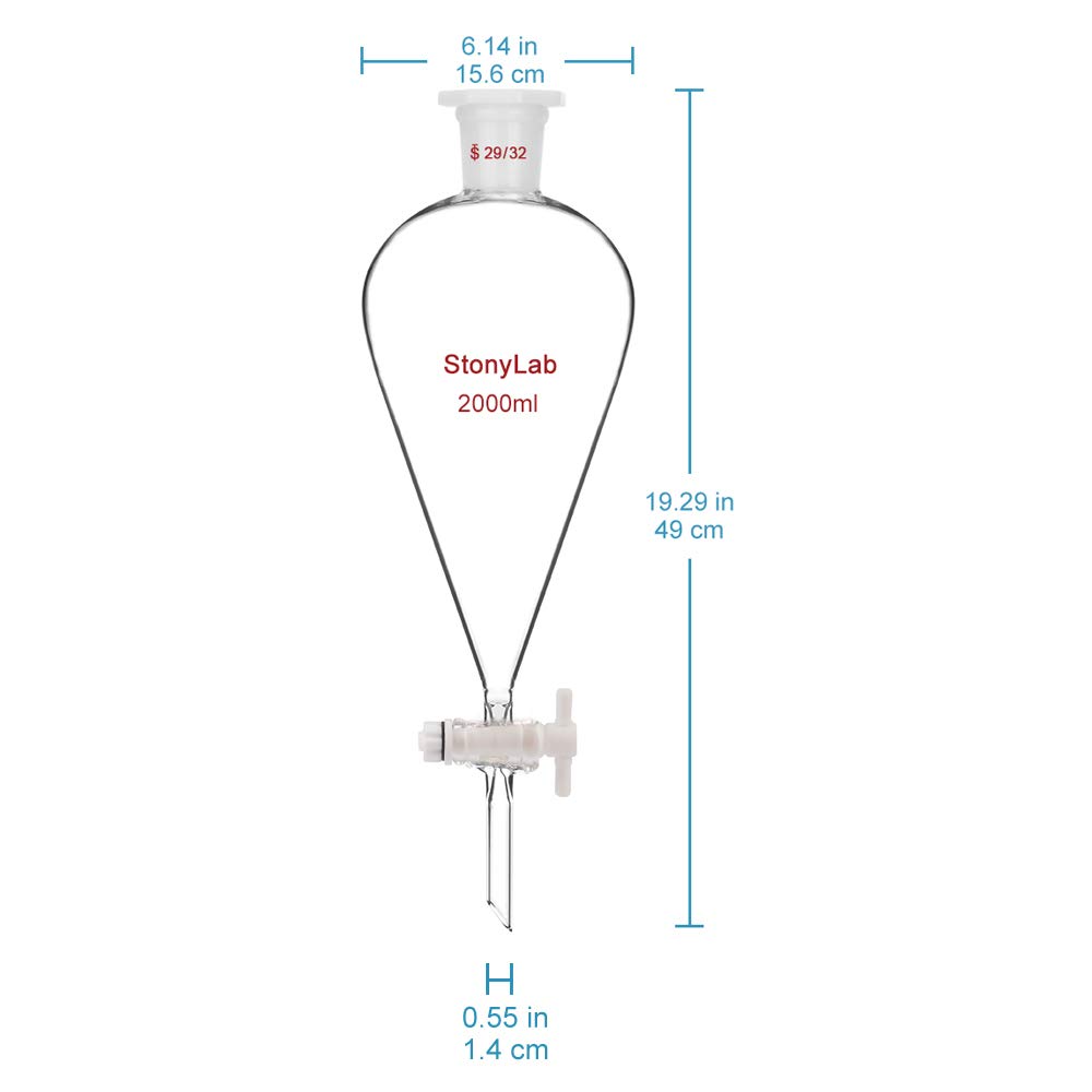 stonylab Imbuto Separatore Conico in Vetro Borosilicato Pesante con Giunti 29/32 e Rubinetto di Chiusura in PTFE Conical Separatory Funnel, 2000 ml