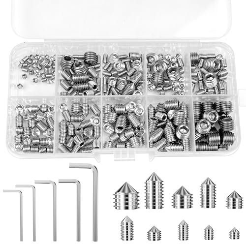 Legpador 290 pcs vis sans tete conique, poignée de porte, m3 m4 m5 m6 m8 vis-pointeau en acier inoxydable avec six pans creux, vpointeau, Filetage Métrique,...