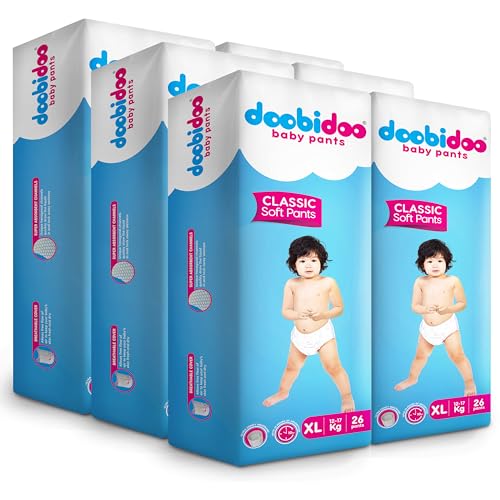 Image of Doobidoo Classic Baby Diaper Pants - XL Size | High Absorbency with Cottony Bubble Soft Topsheet, Anti-Leak Side Cuffs & Rash-Free Comfort | Gentle Protection (12-17 kg) - Pack of 6 | 156 Count