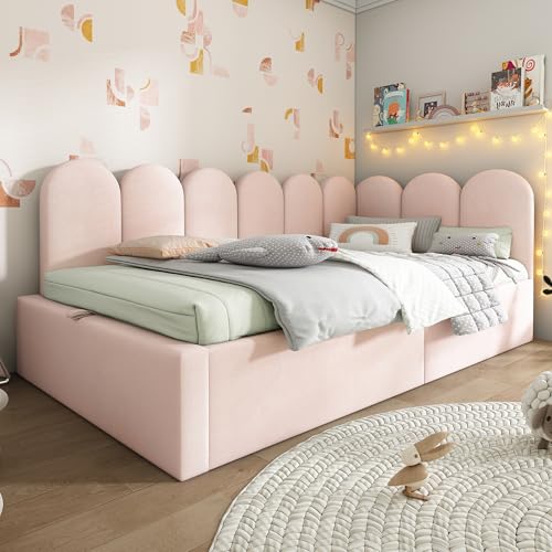 RIAZOS Upholstered Bed with Storage, 3FT Single Sofa Bed 90X190cm, Daybed With Hydraulic Storage Bed Frame, with Metal Slatted Frame, Velvet, No Mattress, Pink ﻿ ﻿