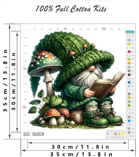 Image of Gnome Stamped Cross Stitch Kits for Adults -Reading Embroidery Kits for Beginners Adults,11 CT Patterns Dimensions Counted Cross Stitch Kits for Adults Arts Craft 14x14 inch
