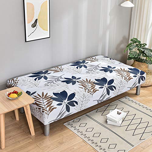 MIFXIN Armless Sofa Cover Futon Slipcover Stretch Elastic Polyester Folding Sofa Bed Non-Armrest Couch Furniture Protector Spandex Printed Washable Sofa Cover Without Armrests (Grey Blue Leaf) - Image 6