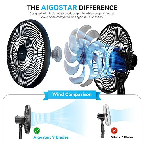 Aigostar Pedestal Fan, 16” Oscillating Standing Fan, 9 Blades Ultra Quiet Fan 7.5H Timer 3 Speed 2 Modes, Adjustable Height High Energy Efficiency Cooling Floor Fan For Bedroom Home Office Use, Black #TOP1