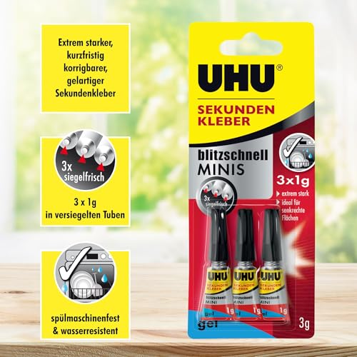 UHU Sekundenkleber extra stark | 3x1g Kleber Tuben für präzises Kleben | Sekundenkleber Gel für Kunststoff, Metall, Holz, Keramik, Porzellankleber | Superkleber & Kunststoffkleber