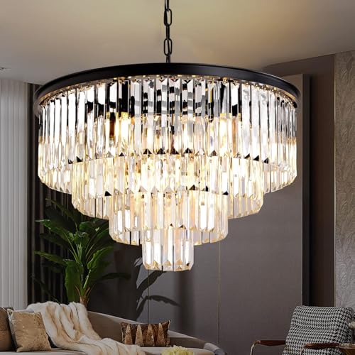 MSSIAN Modern Black Crystal Chandelier E14 Base 9 Lights,Small Flush Mount Chandelier Ideal Round Dimmable Pendant Lighting for Dining Room Living Room Bedroom Foyer Kitchen Island W60CM