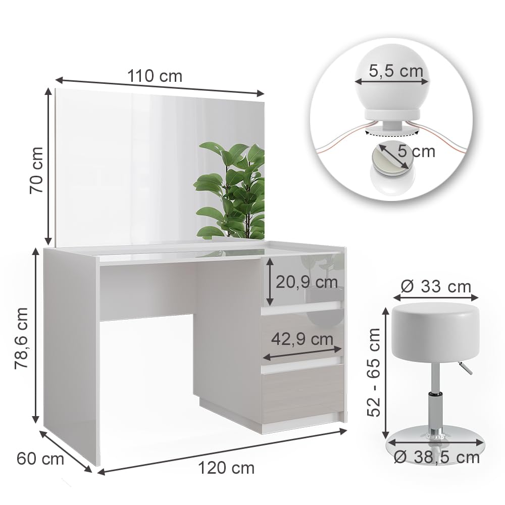Vicco Schminktisch Marla, Weiß Hochglanz, 120 cm | mit Spiegel, Hocker, LED-Lichterkette, Große Tischfläche für Make-up, Schmuck und Styling-Utensilien
