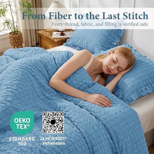 Image of JOLLYVOGUE Twin Size Comforter Set, 2 Pieces Sea Blue Seersucker Lightweight Fluffy Bedding Set, Twin Ruffle Comforter, All Season Soft Microfiber Shabby Chic Bed Set