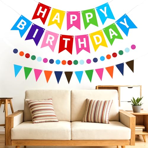Image of Colorful Happy Birthday Banner Hanging Sign Circle Dot Triangle Bunting