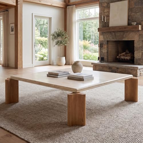 Image of Hyfirm Large Faux Travertine Coffee Table, 47 inch with Curved Wood Legs