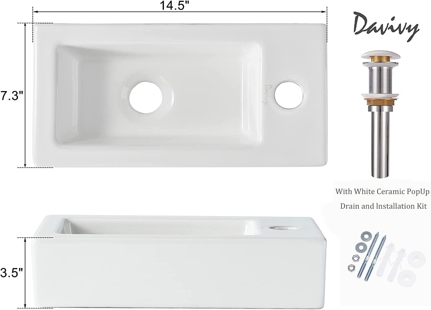 Davivy 14.5'' X 7.3'' Bathroom Corner Sink with Pop Up Drain and Installation Kit,Wall Mount Corner Sink,White Vessel Sink,Mini Bathroom Sink,Mini Rv Sink,Small Sinks for Tiny Bathrooms