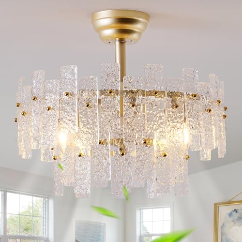 Image of 20 inch Gold Fandelier Ceiling Fan with Light,Gold Crystal Chandelier Ceiling Fans with Lights and Remote Control,Mid-Century Modern Caged with 6 Speeds for Living Room Bedroom Nursery