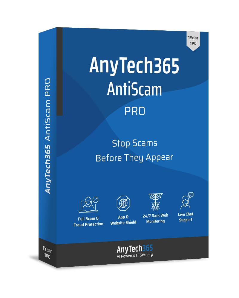 AnyTech365 AntiScam Pro | Kompatibel mit Windows| 1Gerät | 1 Jahr | Setzen Sie sich vor Betrug zur Wehr | Aktivierungscode per E-Mail [software_key_card]
