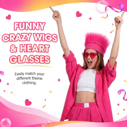 Image of Hot Pink Spirit Wear, Wigs and Heart Glasses for Crazy Hair Day Team Color War Fun Halloween Outfit