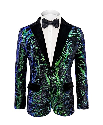 Men’s Sequins Blazer Floral Suit Jacket Lapel Tuxedo for Party Wedding Banquet Prom