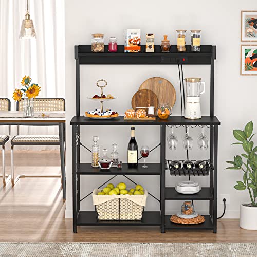 Topfurny Bakers Rack With Power Outlet, Microwave Stand, Kitchen Storage Shelf With Wire Basket, Coffee Bar Station With Wine Glass Holder, 35.4" Kitchen Stand Rack For Spices, Pots, And Pans, Black #TOP6