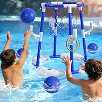 BLmukce Pool Basketballkorb für Kinder 4-8 & 8-12 Jahre – 2-in-1 Schwimmendes & Oberirdisches Wasserspiel mit 4 Bällen, 12 Ringen & Pumpe, Outdoor-Spielzeug für Schwimmbad, Sommerpartys für Erwachsene