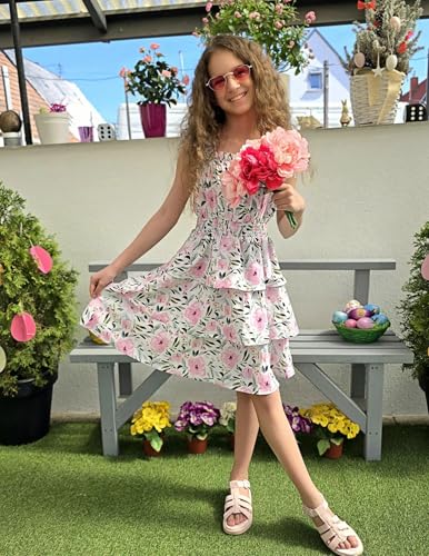 Arshiner Girls Dresses Ruffle Flutter Sleeve Summer Floral Tiered Casual Party Dress for 6-14 Y4