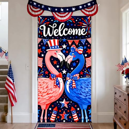 Image of BlissYard Welcome Patriotic Flamingo Door Cover 71x35 Inch 4th of July Front Door Cover Decoration Red White Blue Flamingo Door Banner Independence Day Porch Door Cover July 4th Door Decorations