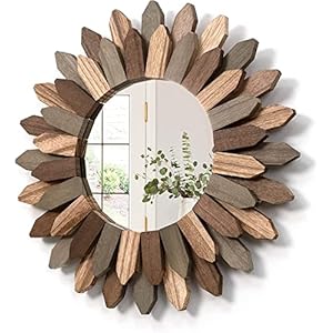 Emfogo Wall Mirror Decorative 12 inch Rustic Wood Farmhouse Mirror Sunburst Boho Mirror for Entryway Bedroom Living Room (Tri Color)
