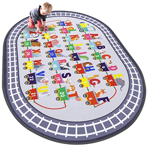 Hiiarug Kids Rug Carpet Oval Abc Alphabet Numbers Train And Road Educational Classroom Rug Baby Play Mat Learning & Game Area Rug For Bedroom Playroom Decor (Grey, 5' X 8') #TOP19