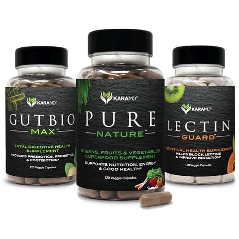 KaraMD Pure Nature, Lectin Guard & GutBio Max Bundle - Whole Food, Gut Health & Digestive Support - Prebiotics, Probiotics & Enzymes - Natural Energy & Colon Health - Non-GMO (30 Servings Each) Cover