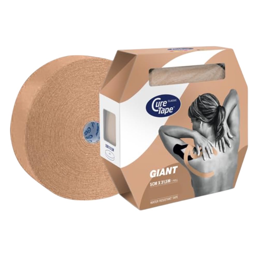 CureTape Classic Giant: Rollo Extra Grande de Cinta Kinesiológica | 5cm x 31.5m | Cinta Hipoalergénica| Vendaje para Alivio del Dolor, Soporte Muscular y Articular | Gran Adhesión | Beige