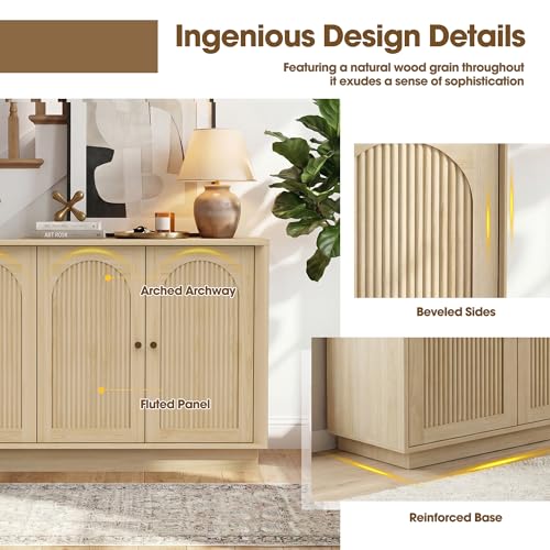 Dephet 4-Piece Modern Living Room Set with 63\" Buffet Sideboard Cabinet, 31.5\" Accent Cabinet, 67\" TV Stand for 75 inch TVs w/Fluted Arched Doors, Square Lift Top Coffee Table with Storage (Oak) - Thumbnail 2