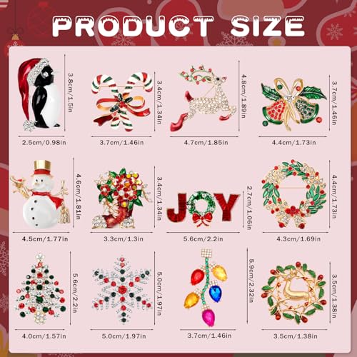 Image of 12PCS Merry Christmas Brooches, Crystal Rhinestone Pins for Women | Xmas Trees Snowman Elk Penguin Light Bulb Design, Sparkling Christmas Jewelry Gift for Girls, Holiday Party Ladies Accessorie
