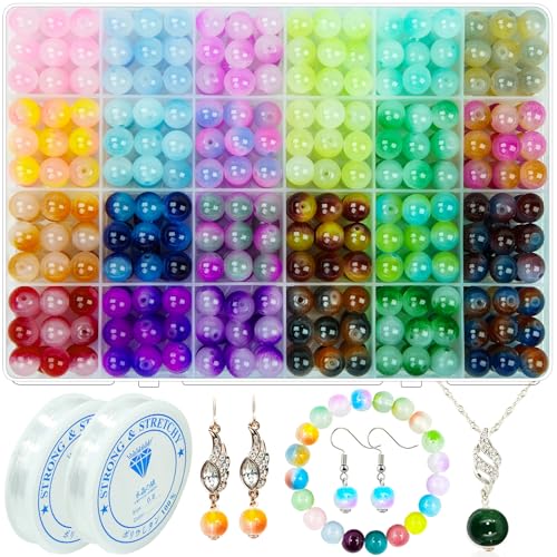 400pcs 10MM Glass Beads for Jewelry Making 24 Colors Crystal Gemstone Beads Bracelet Round DIY Craft Beads Suitable for DIY Craft Necklace Bracelet Phone Lanyard Wedding Decor (24 Bicolors-10MM)